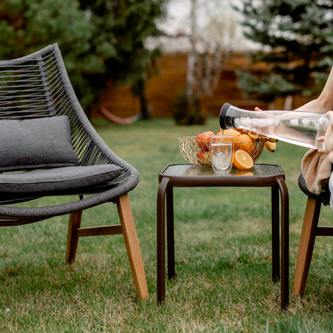 Outdoor Side Table Prolisok. Metal Body, Tempered Glass Top, Bronze color