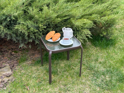 Outdoor Side Table Prolisok. Metal Body, Tempered Glass Top, Bronze color