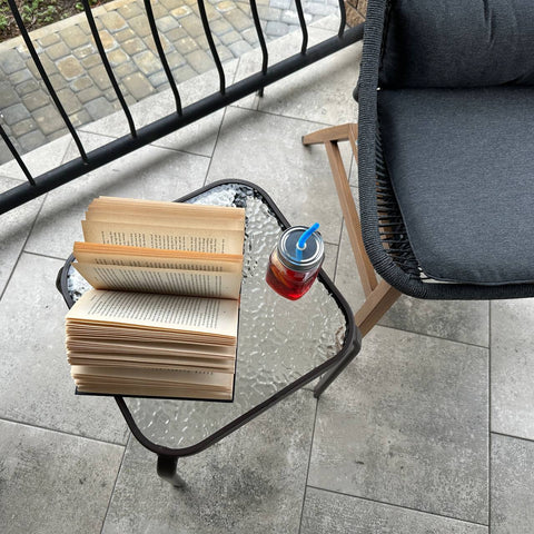 Outdoor Side Table Prolisok. Metal Body, Tempered Glass Top, Bronze color