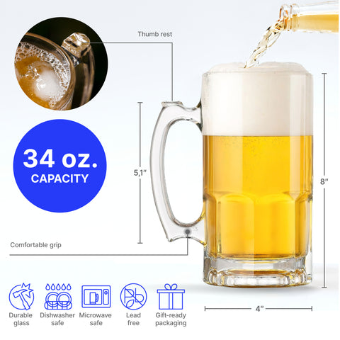  Glass Beer Mug with Handle – 34 fl. oz. / 1L – Large & Heavy Beer Stein