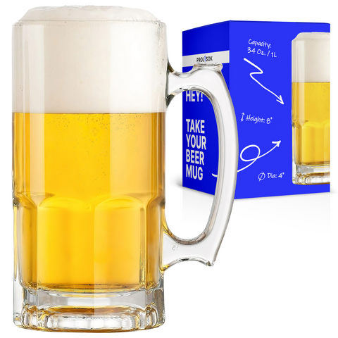 Glass Beer Mug with Handle – 34 fl. oz. / 1L – Large & Heavy Beer Stein