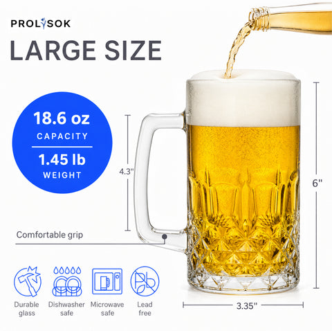 Prolisok Glass Beer Mugs with Handles – 18.6 fl oz / 550 ml Beer Steins – Set of 2