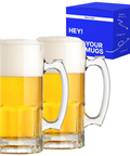 Glass Beer Mugs with Handle – 34 fl. oz. / 1L – Large & Heavy Beer Stein – Set of 2