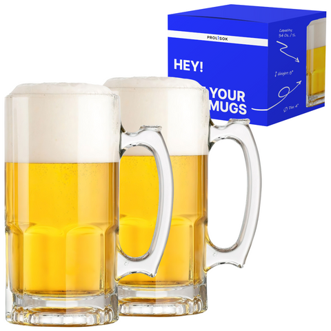 Glass Beer Mugs with Handle – 34 fl. oz. / 1L – Large & Heavy Beer Stein – Set of 2