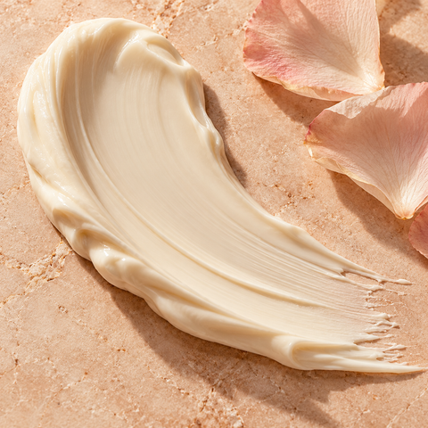 Ivory cream texture and blush petals on peach stone