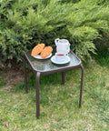 Outdoor Side Table Prolisok. Metal Body, Tempered Glass Top, Bronze color
